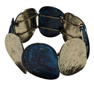 Vintage Elegant Blue Gold Tone Stretch Bracelet Textured Oval Panels Retro Women